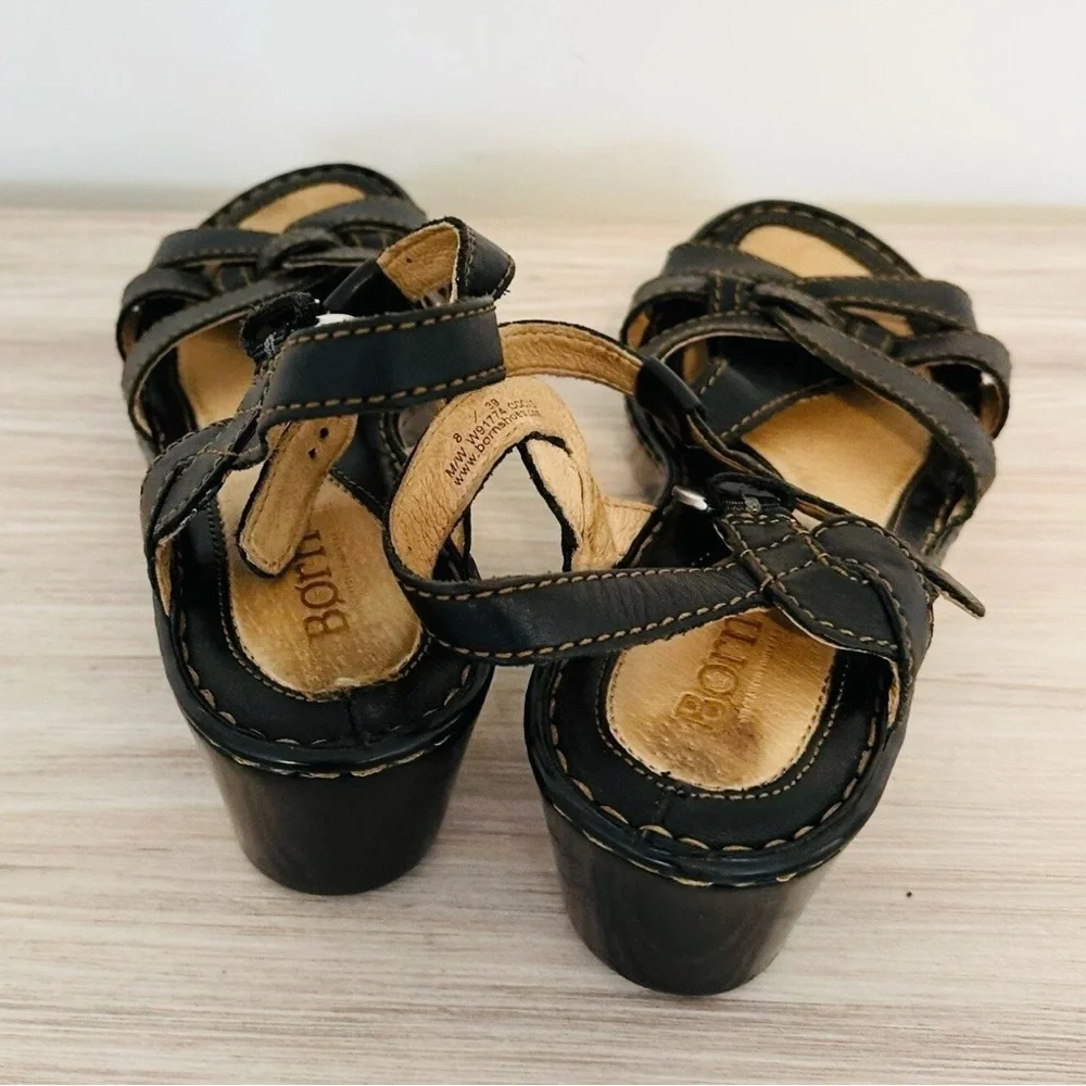 Born Women's Black Leather Strappy Sandals Comfort Wedge Shoes Size‎ 8